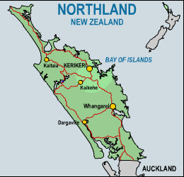 Map of Northland showing the location of Kerikeri
