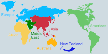 Map of the world showing the location of New Zealand